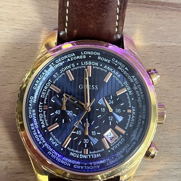 Guess Men's Brown Leather Strap Watch - Main Image